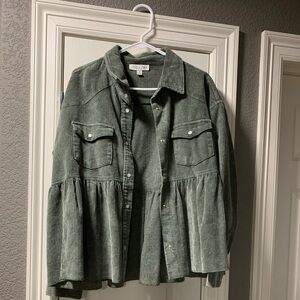 She + Sky corduroy peplum jacket, dark green. Pearl buttons. EUC